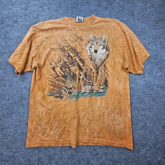 Vintage Wolves Shirt Mens XL Orange Graphic Nature Rag Tops Made USA 90s Tee - Picture 1 of 8